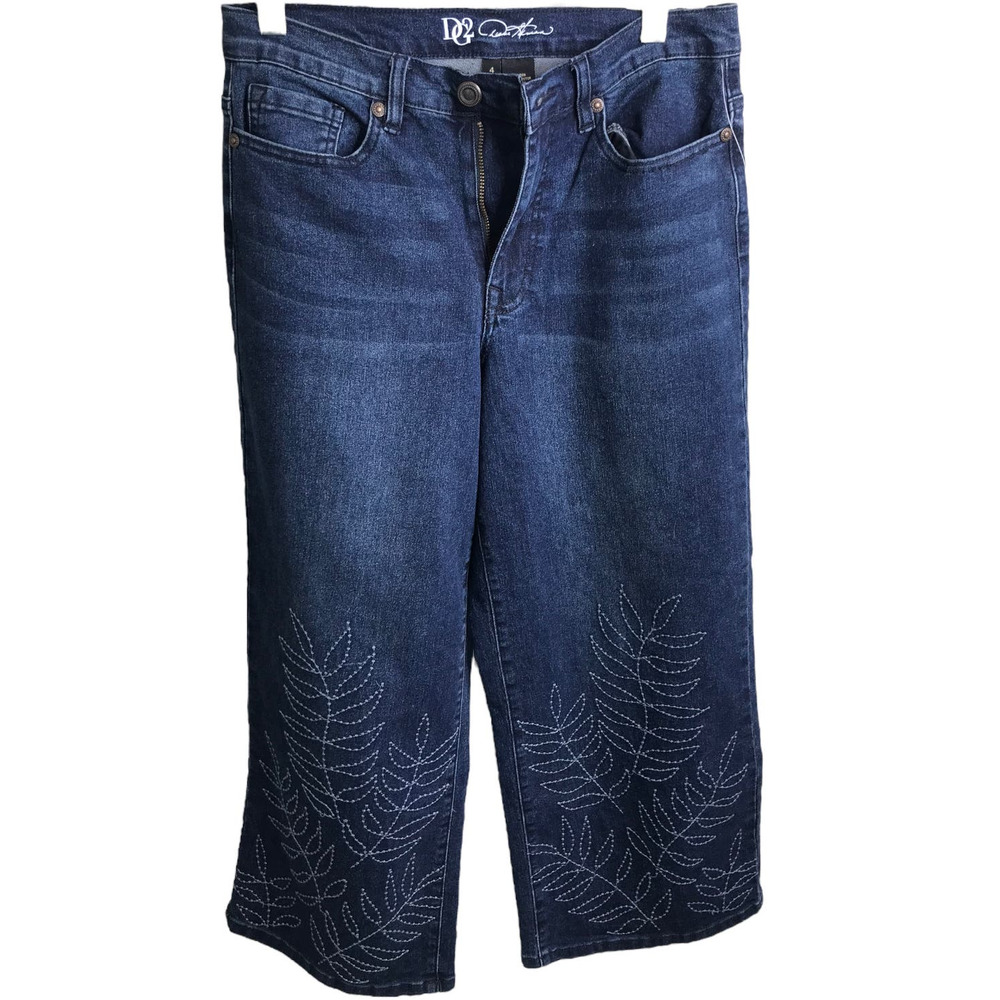 DG2 Diane Gilman Women Wide Leg Jeans boho Blue Floral Embroidered‎ Cotton 4 NWT